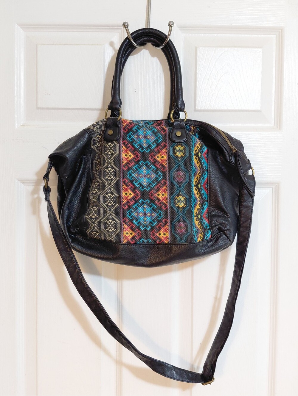 Black Leather Multicolor Aztec Embroidery Bohemian Southwestern Satchel Bag